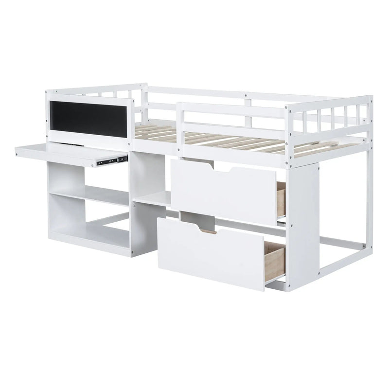 Low Loft Bed With Rolling Desk, Shelf And Drawers by Unique Piece Furniture