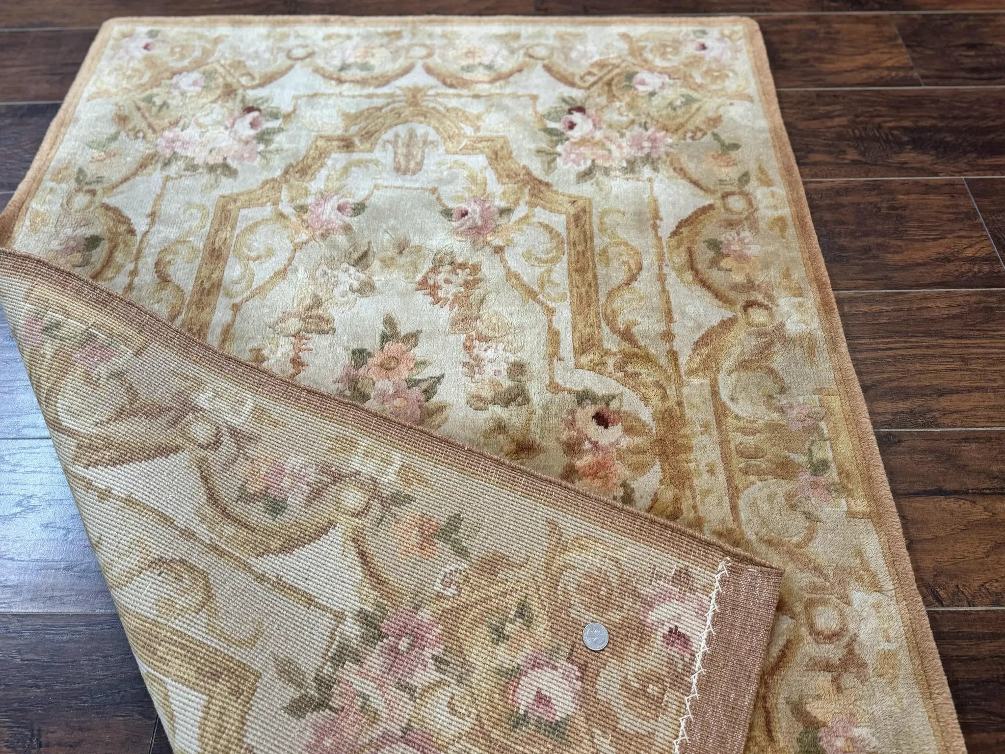Chinese Aubusson Rug 3.6 x 5, Beige and Gold, Handmade Vintage Elegant European Design Carpet, Plush Wool, Handmade by Jewel Rugs