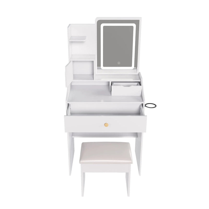 3 Color LED Vanity Mirror With Stool, Dressing Table For Bedroom, 2 Drawers & 5 Storage Cabinets (4 Open + 1 Hidden), Adjustable Lighting - White by HouseOfZazla