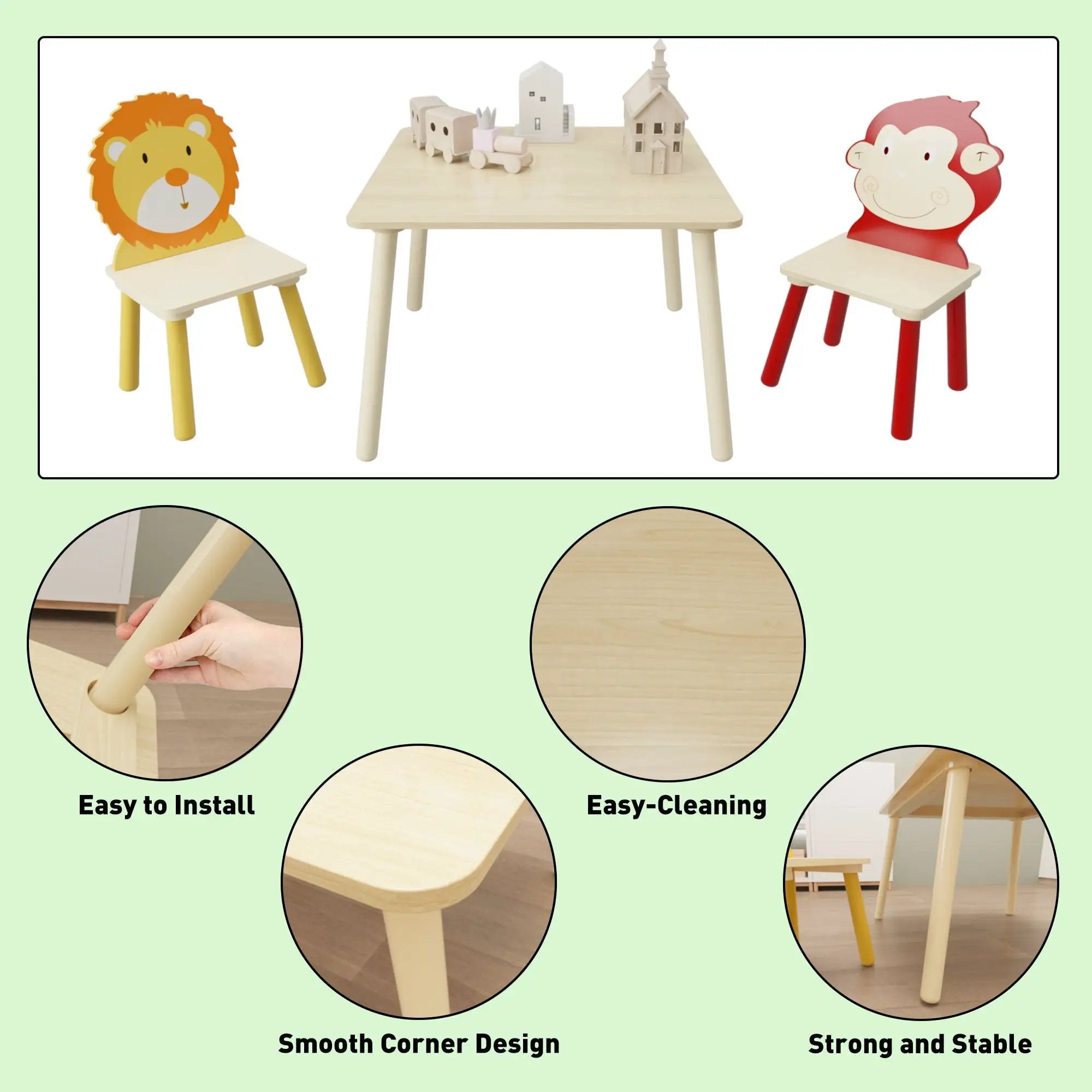 Kids Table And 2 Chairs Set, 3 Pieces Toddler Table And Chair Set, Wooden Activity Play Table Set (Lion&Monkey) - Natural by HouseOfZazla