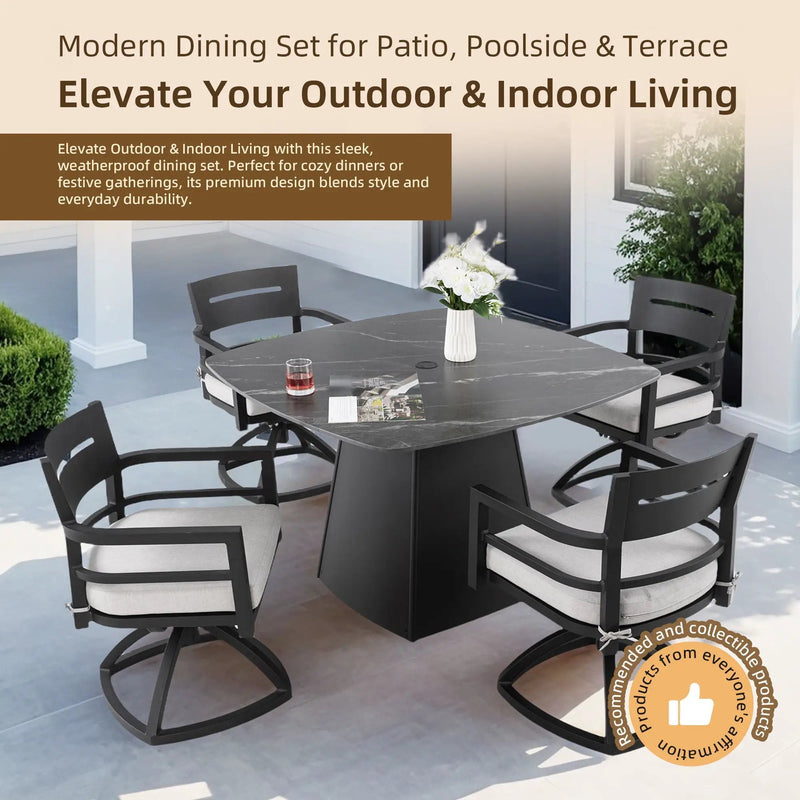 Outdoor Patio Dining Set, Squircle Dining Table, Dining Chairs With Sunbrella Cushions by HouseOfZazla