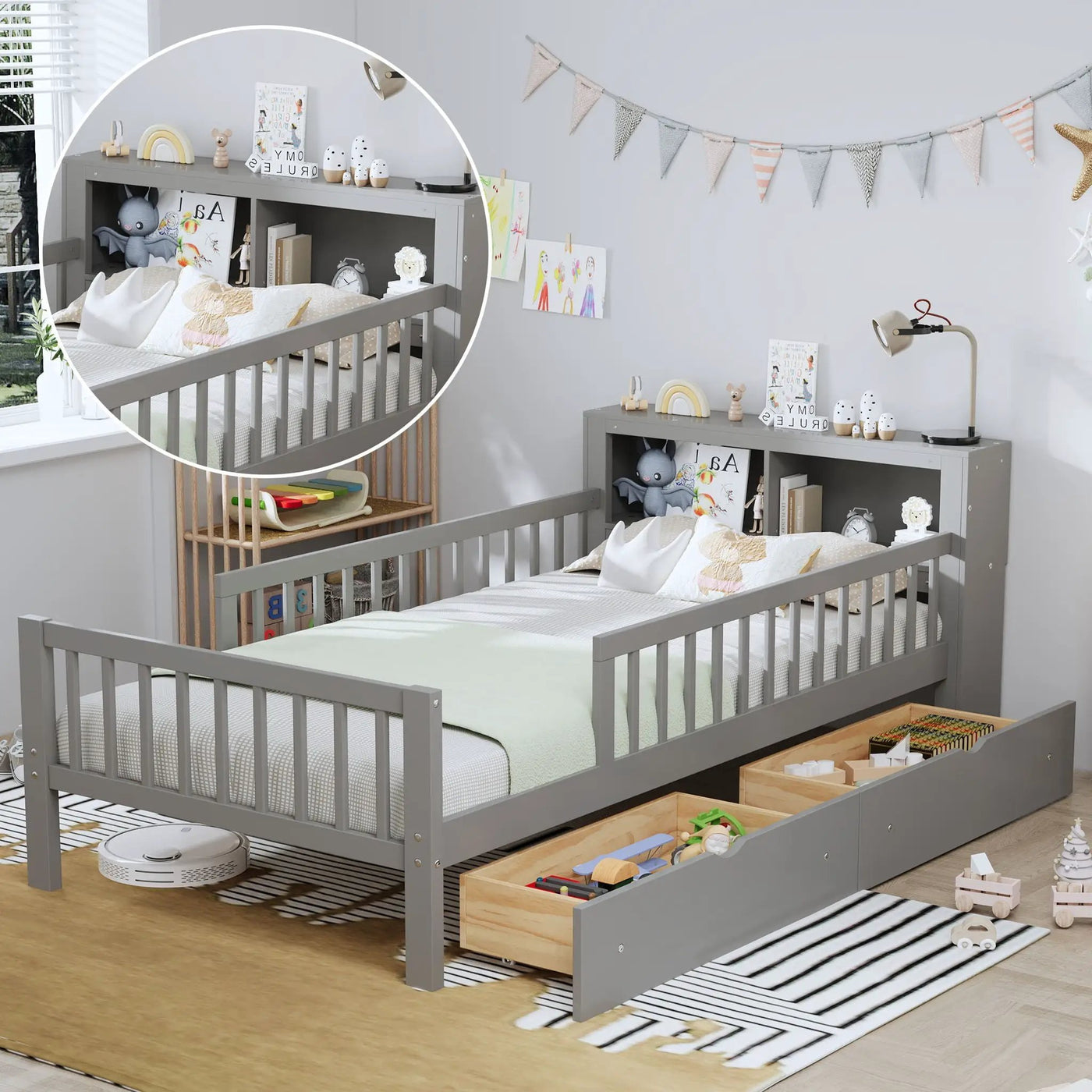 Bed With Headboard Storage Rack, 2 Under Bed Drawers, 3 Side Guardrails For Safety by Unique Piece Furniture