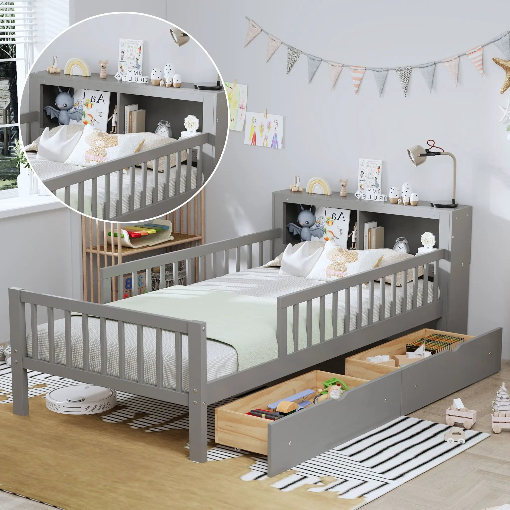 Bed With Headboard Storage Rack, 2 Under Bed Drawers, 3 Side Guardrails For Safety by Unique Piece Furniture