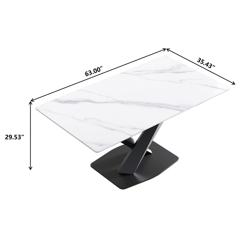63" Modern Artificial Stone Straight Edge Metal X-Leg Dining Table, 6 People - White / Black by HouseOfZazla