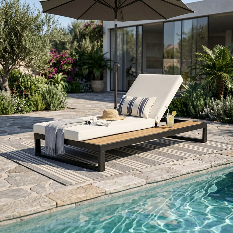 Black Iron & Teak Finish Chaise Lounge Set: 1 Frame + 1 2-Fold by HouseOfZazla