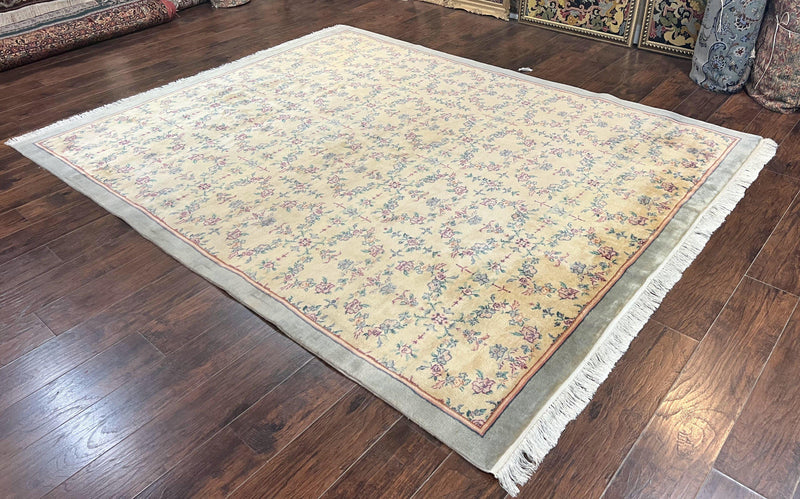 Sino Persian Rug 8x10, Floral, Oatmeal and Light Teal, Handmade Wool Vintage Carpet by Jewel Rugs