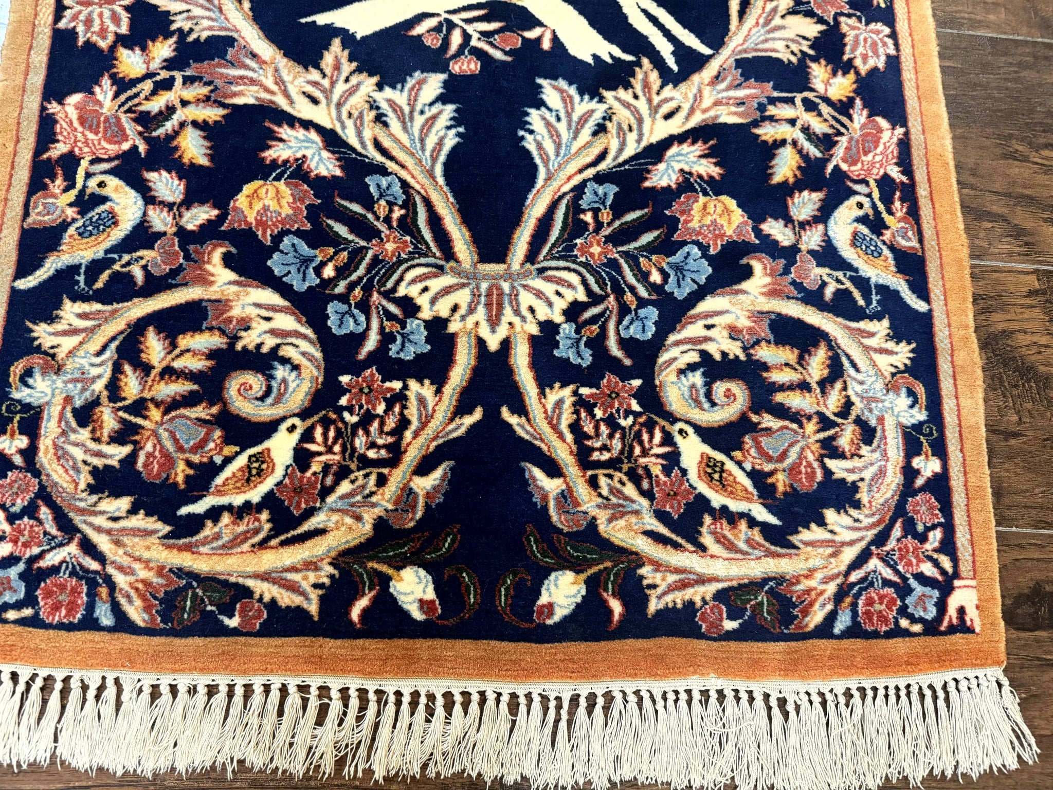 Persian Isfahan Rug 2x4, Birds, Navy Blue, Kork Wool on Silk Foundation, 460 KPSI by Jewel Rugs