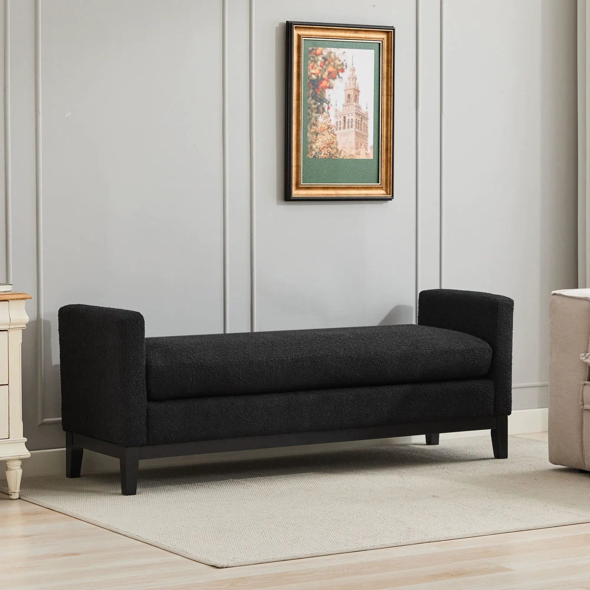 Elegant Upholstered Bench, Daybed, Ottoman With Wood Legs & 2 Bolster Pillows - Black Boucle by Unique Piece Furniture