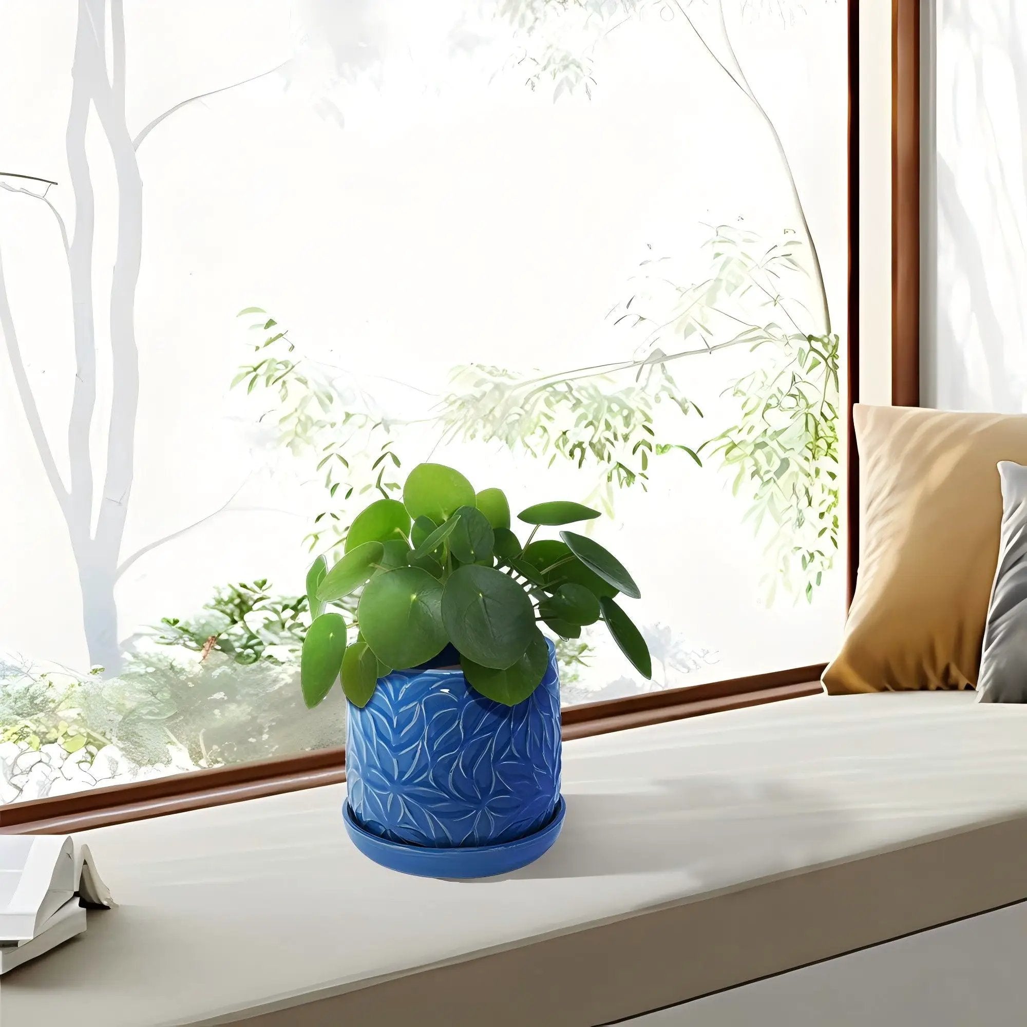 Ceramic Flowerpot, 7" Planter For Patio, Garden, Windowsill (Set of 2) - Antique Navy Blue by Unique Piece Furniture
