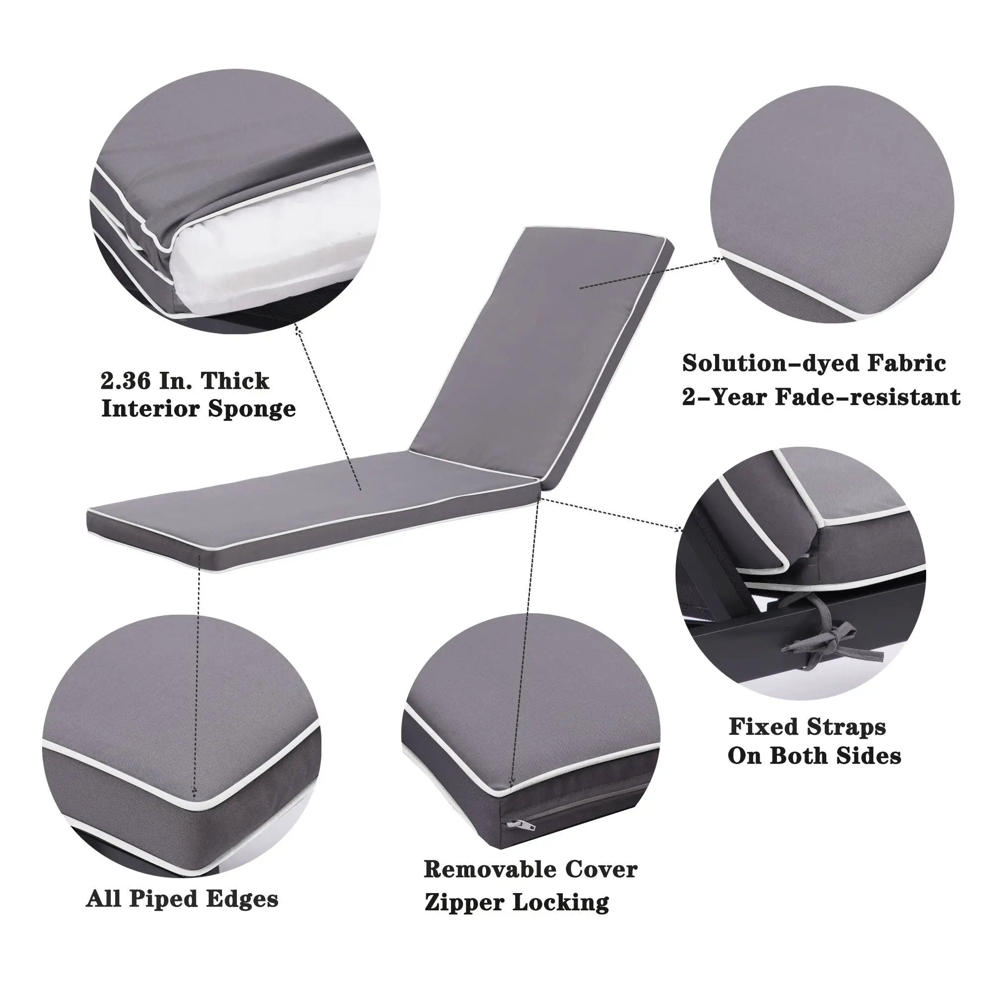 2 Pieces Set Outdoor Lounge Chair Cushion Replacement Patio Furniture Seat Cushion Chaise Lounge Cushion - Antique Gray / White by HouseOfZazla