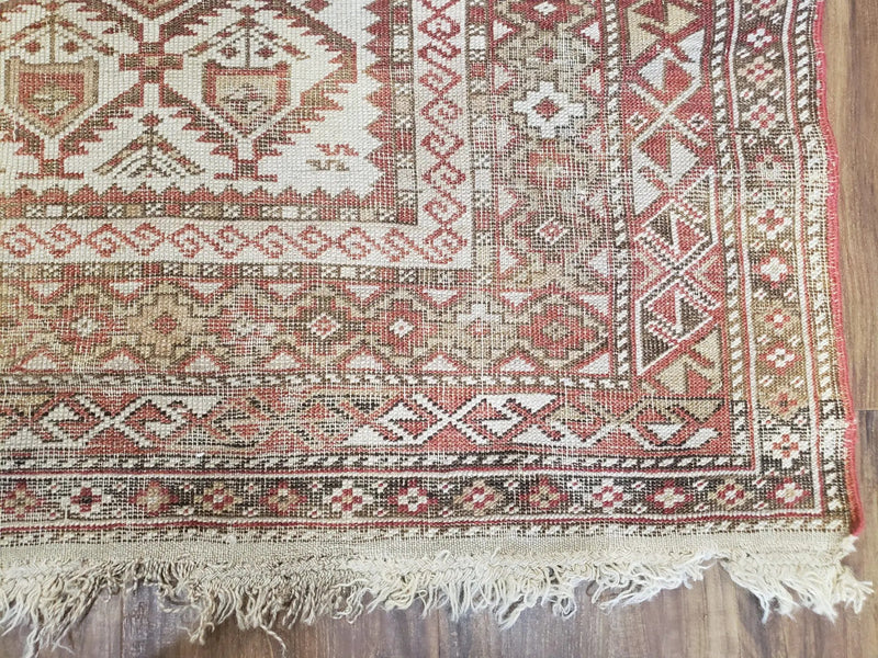 Antique Caucasian Shirvan Rug 4x6, Dagestan Area Rug, Wool Hand-Knotted Soft Red & Ivory 1920s Oriental Carpet, Soft Muted Colors by Jewel Rugs