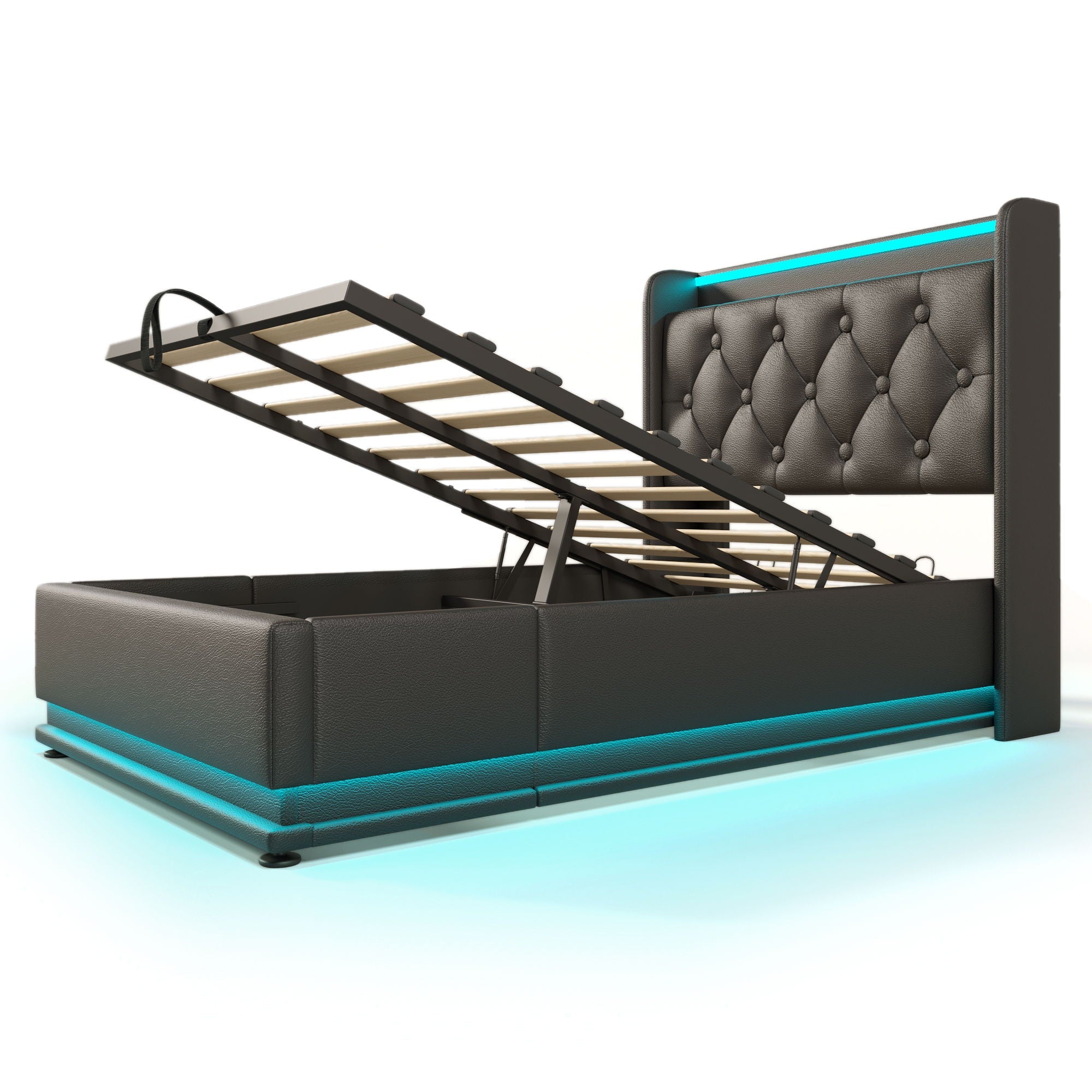 Upholstered Bed, 360 Surround LED Function, Remote Control, Hydraulic Storage Bed With USB, Type-C Charging (Without Mattress) by HouseOfZazla