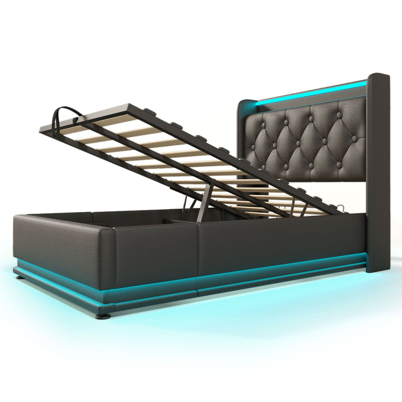 Upholstered Bed, 360 Surround LED Function, Remote Control, Hydraulic Storage Bed With USB, Type-C Charging (Without Mattress) by HouseOfZazla