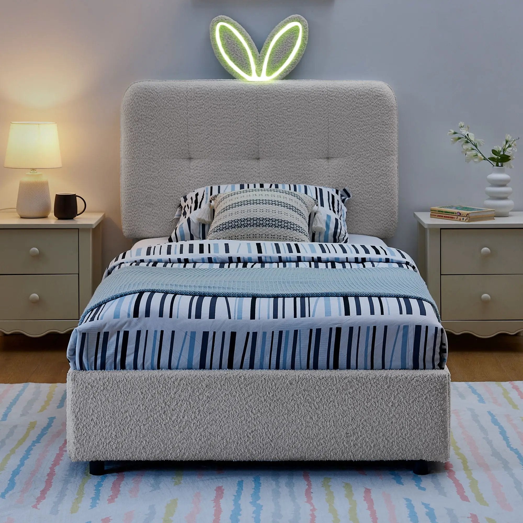 Upholstered Bed With Oversized Rabbit Ear Headboard, LED Lights & 4 Storage Drawers by Unique Piece Furniture
