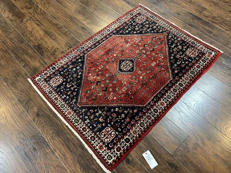 Persian Tribal Rug 3.6 x 5 ft, Persian Abadeh Rug, Geometric Medallion Bird Motifs, Red and Navy Blue Hand Knotted Handmade Wool Vintage Oriental Carpet by Jewel Rugs