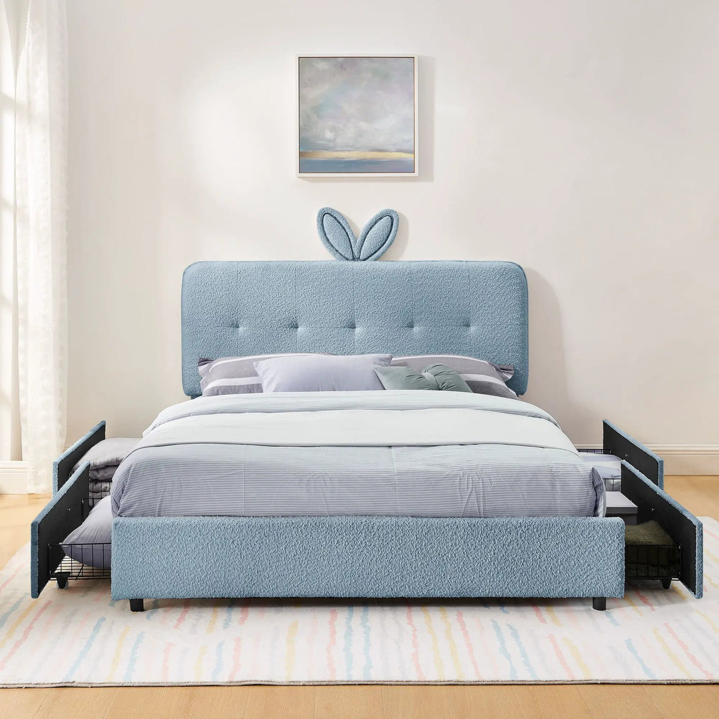 Upholstered Bed With Oversized Rabbit Ear Headboard, LED Lights & 4 Storage Drawers by Unique Piece Furniture