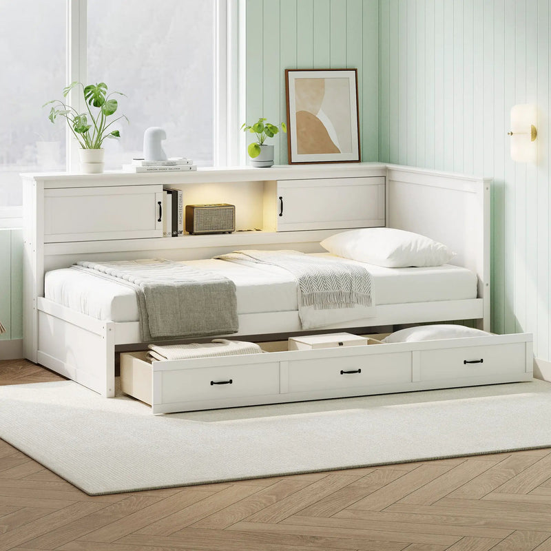 Twin Size L - Shaped Captain Bed With Drawer And Bookcase, LED Downlight And USB Charging Station - White by HouseOfZazla