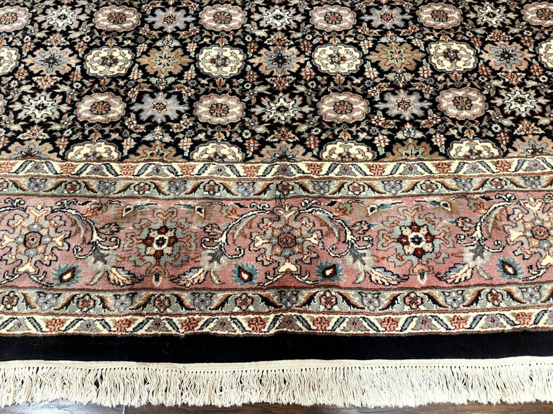 Indo Persian Rug 9x12, Vintage Handmade Wool Carpet, Repeated Allover Motif, Navy Blue and Pink by Jewel Rugs