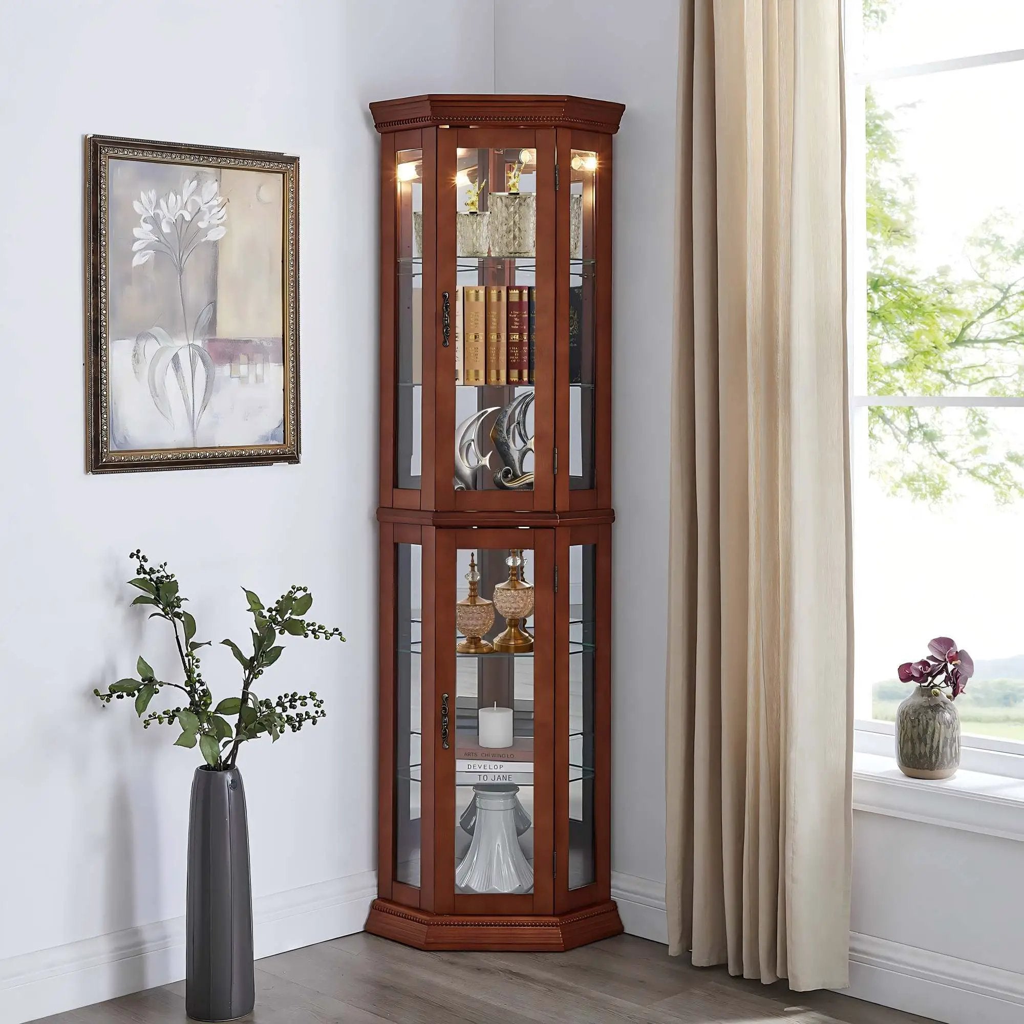 Corner Curio Cabinet With Lights, Adjustable Tempered Glass Shelves, Mirrored Back, Display Cabinet (E26 Light Bulb Not Included) by HouseOfZazla