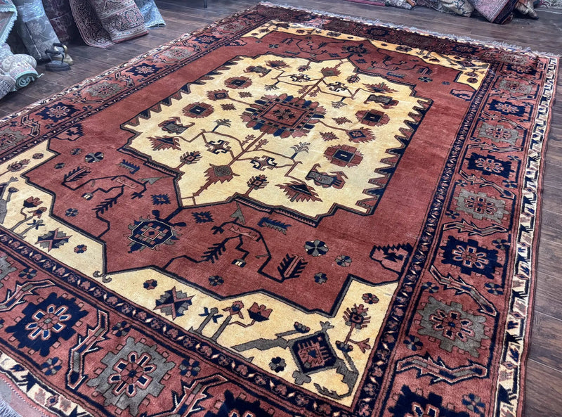 Afghan Heriz Rug 9x12, Tribal Geometric Serapi Carpet, Rust Cream and Navy, Wool on Wool by Jewel Rugs