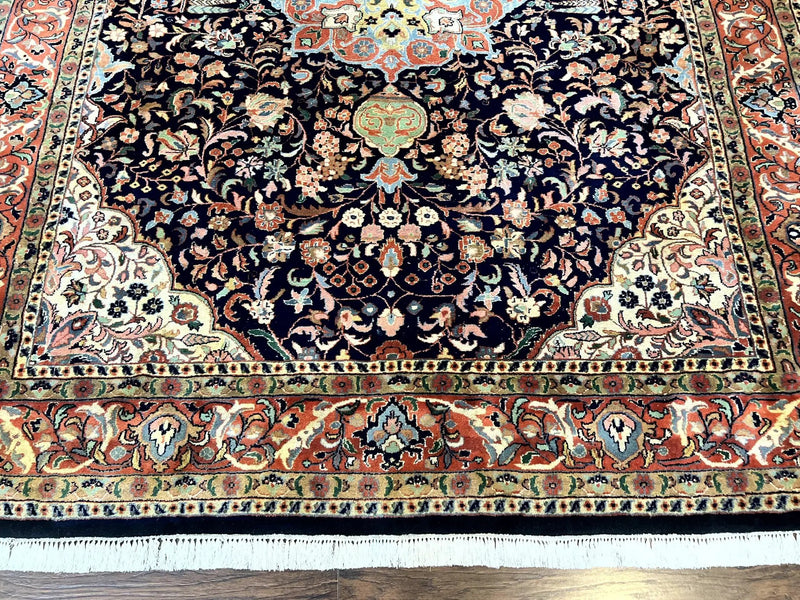 Indo Persian Rug 8x10, Midnight Blue & Red, Handmade Vintage Wool Carpet, Floral Medallion by Jewel Rugs