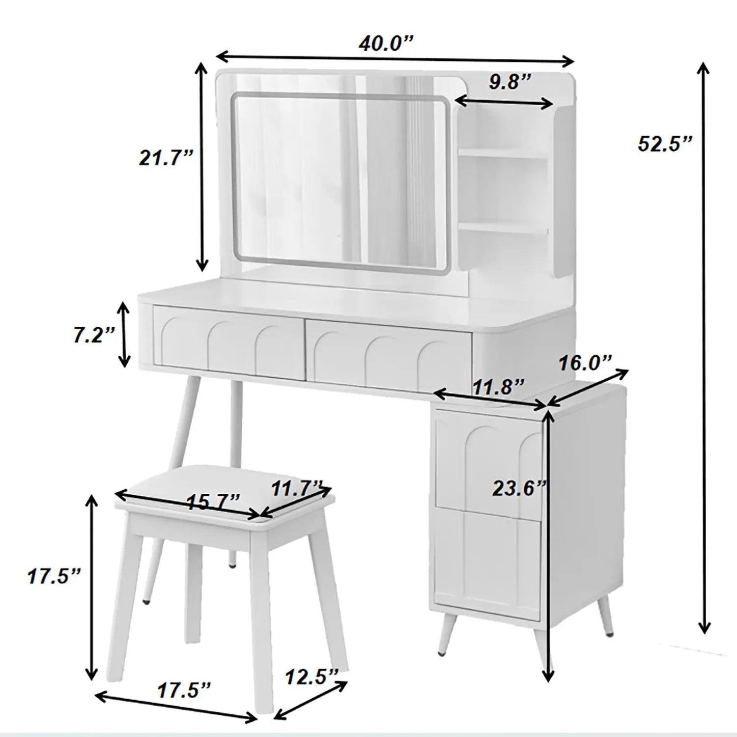 Modern Makeup Vanity Desk With LED Lights & Mirror 4 Drawer Dressing Table Set Space Saving For Bedroom - White by Unique Piece Furniture