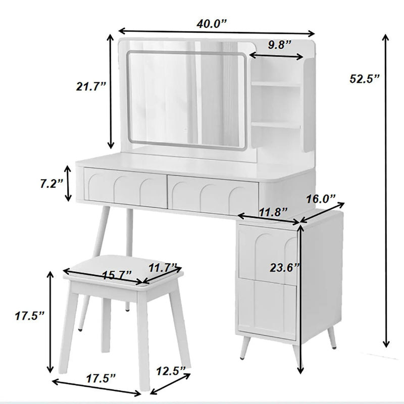 Modern Makeup Vanity Desk With LED Lights & Mirror 4 Drawer Dressing Table Set Space Saving For Bedroom - White by Unique Piece Furniture