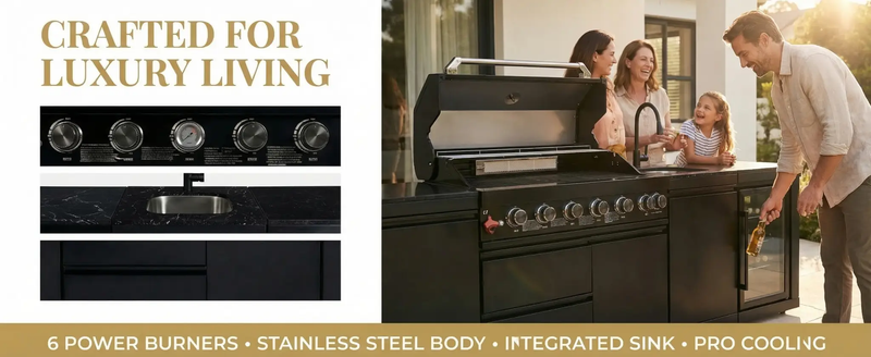 102" 6-Burner 85,000 BTU Black Outdoor Kitchen Island Grill + Refrigerator + Marble Countertops + Sink by Chery Industrial