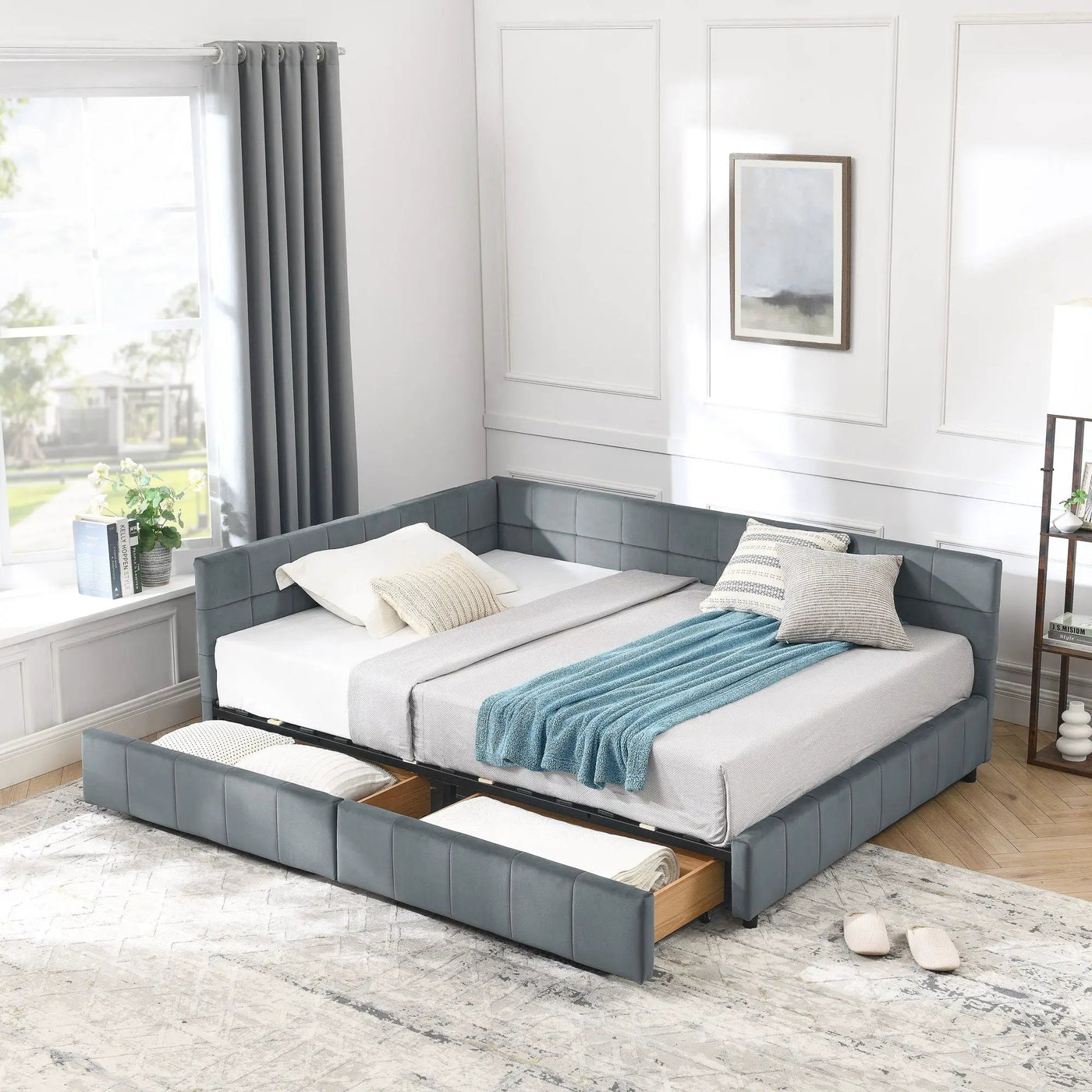 Mid-Century Storage Upholstered Tufted Bed Frame With Backrest And Armrests by HouseOfZazla