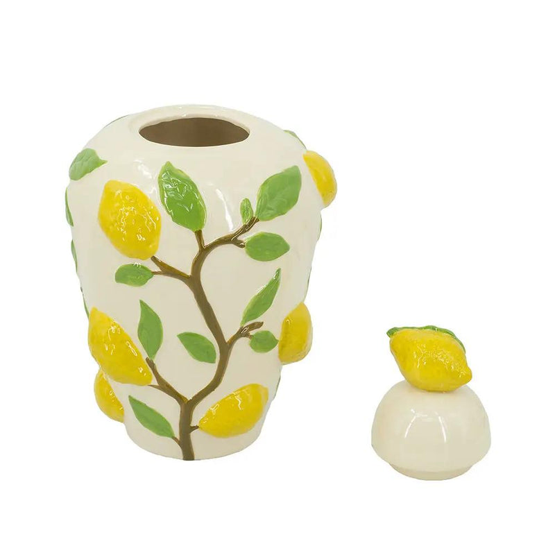 8.7x8.7x15' White Ceramic Lidded Jar with Playful Lemon Design by HouseOfZazla