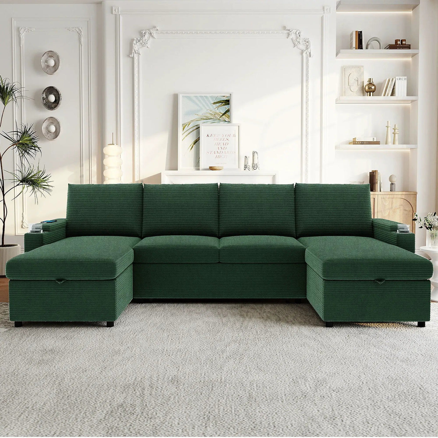 U Shaped Sectional Sofa Bed With Storage Chaise Lounges, USB Ports, And Cup Holders by Unique Piece Furniture