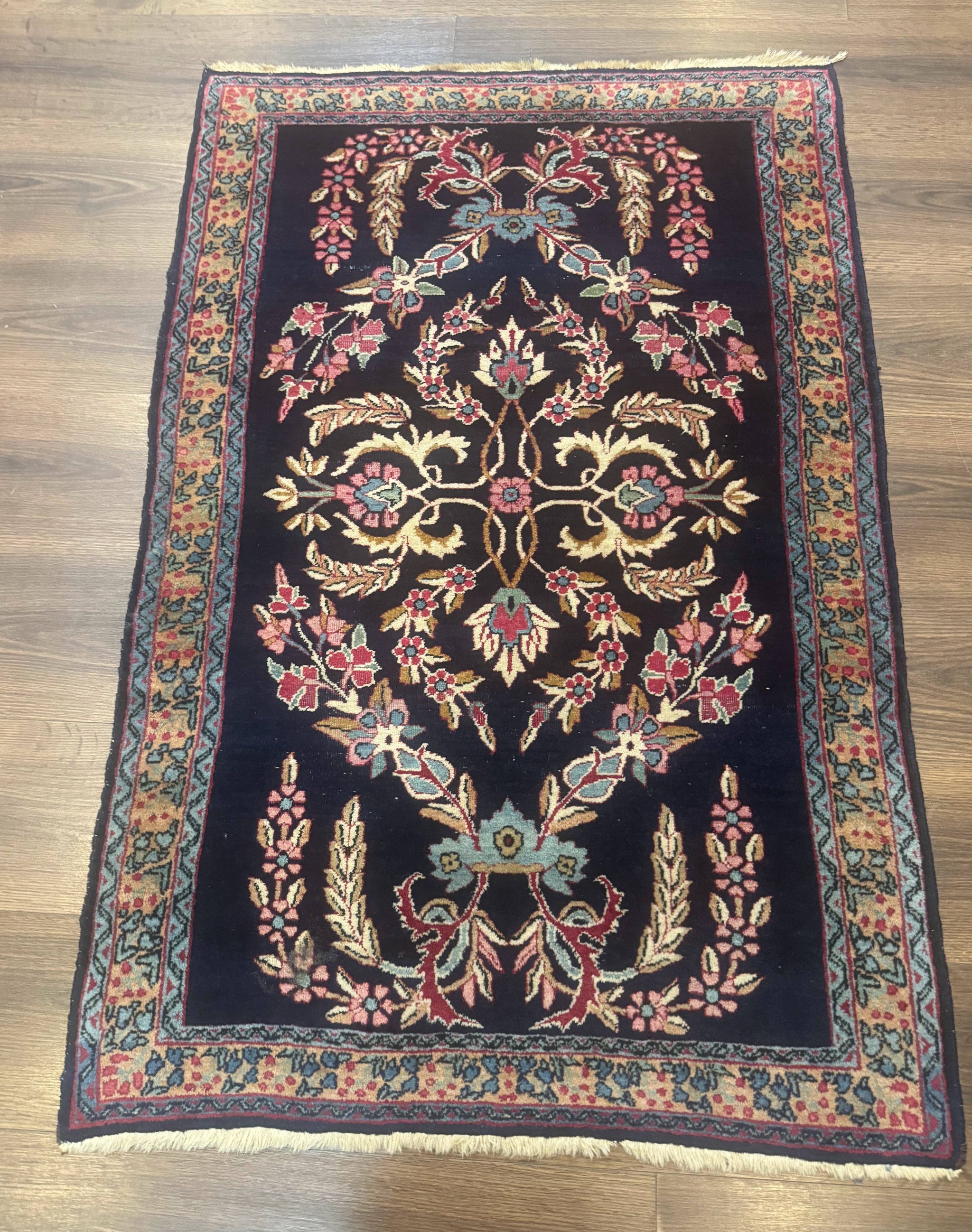 Antique Persian Kerman Rug 2.8 x 4, Navy Blue, Floral by Jewel Rugs