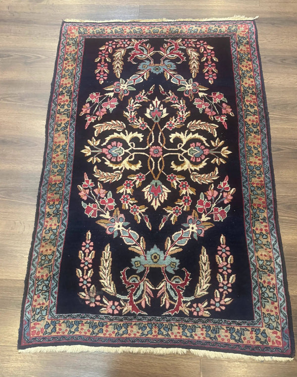 Antique Persian Kerman Rug 2.8 x 4, Navy Blue, Floral, photo 2 of 13