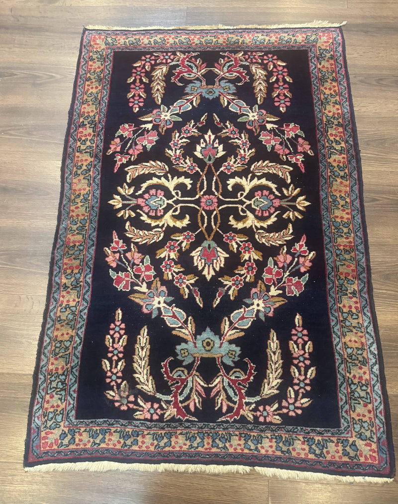 Antique Persian Kerman Rug 2.8 x 4, Navy Blue, Floral by Jewel Rugs