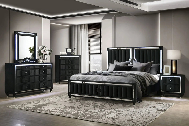 Ravenne 5-piece Velvet Upholstered Eastern King LED Bedroom Set Black by Unique Piece Furniture