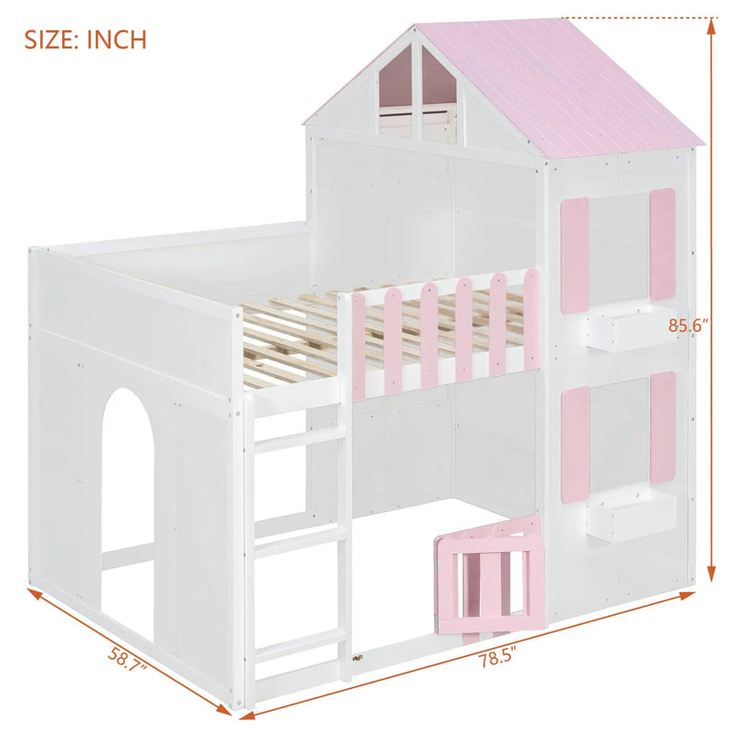 Full over Full House Bunk Bed with Storage - Pink, photo 10 of 10