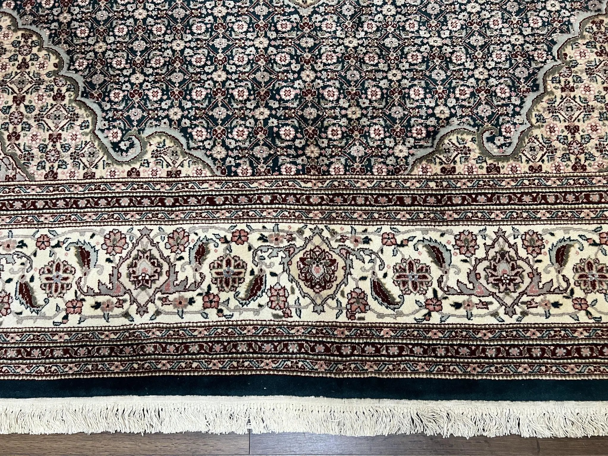 Sino Persian Rug 9x12, Dark Green and Ivory, Medallion, Mahi Herati, Elegant Oriental Carpet, Wool Hand Knotted Traditional Room Sized Rug by Jewel Rugs