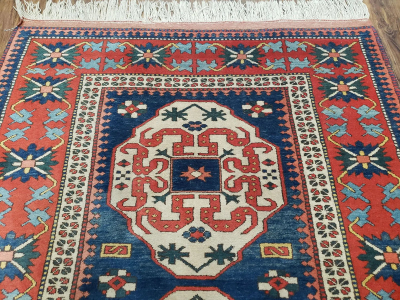 Turkish Kazak Rug 5x6 Vintage Handmade Wool Carpet Geometric Blue Red by Jewel Rugs