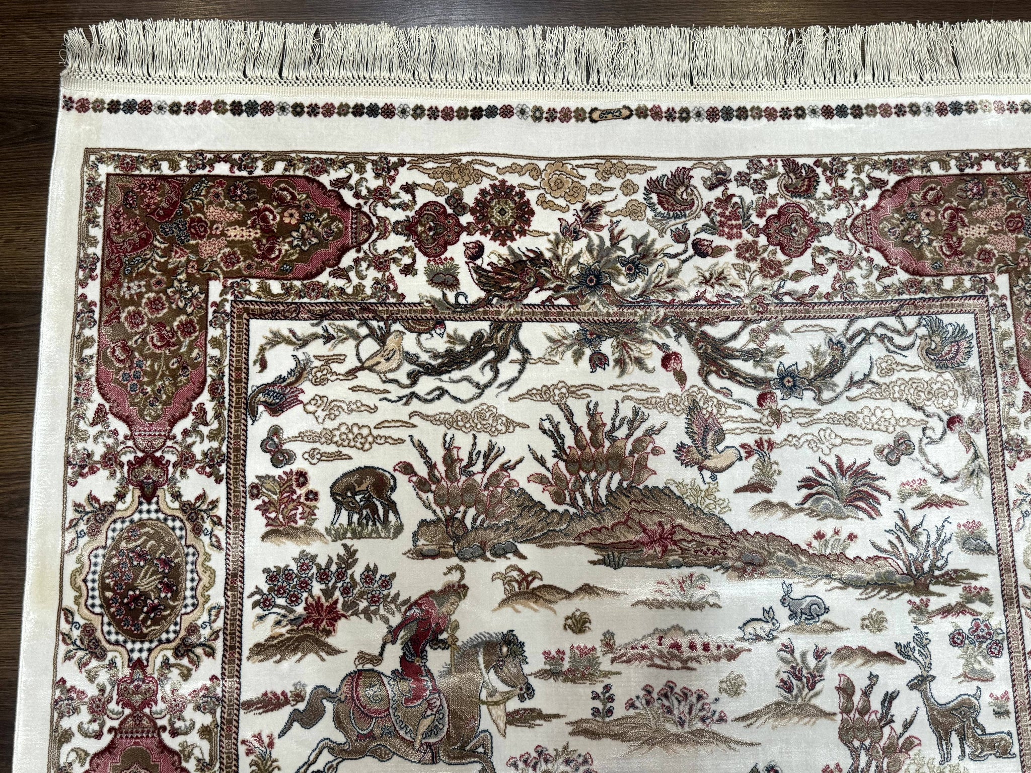 Turkish Silk Hunting Scene Rug 4x6, Ivory, Bamboo Silk, New by Jewel Rugs