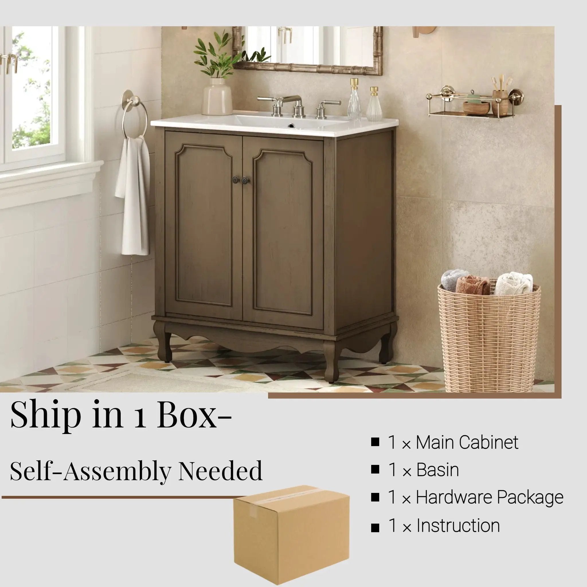 Vintage Bathroom Vanity With Ceramic Sink, Adjustable Shelves