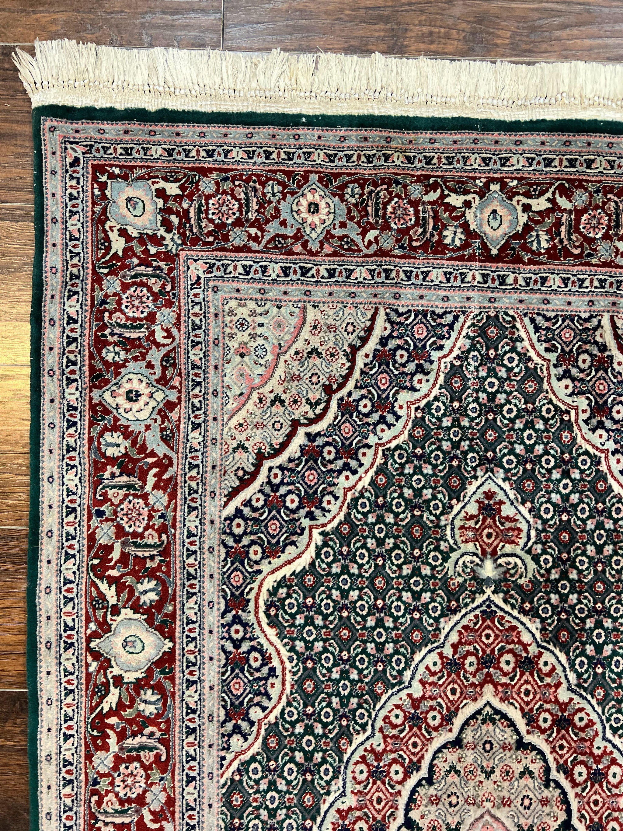 Sino Persian Rug 4x6, Wool with Silk Highlights, Fine Hand Knotted Carpet, Green & Maroon Red, Herati Medallion, Vintage Rug by Jewel Rugs