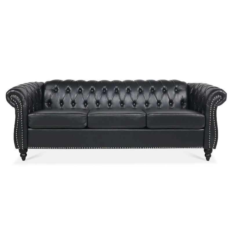 84.65" Black PU Rolled Arm Chesterfield Three Seater Sofa by HouseOfZazla