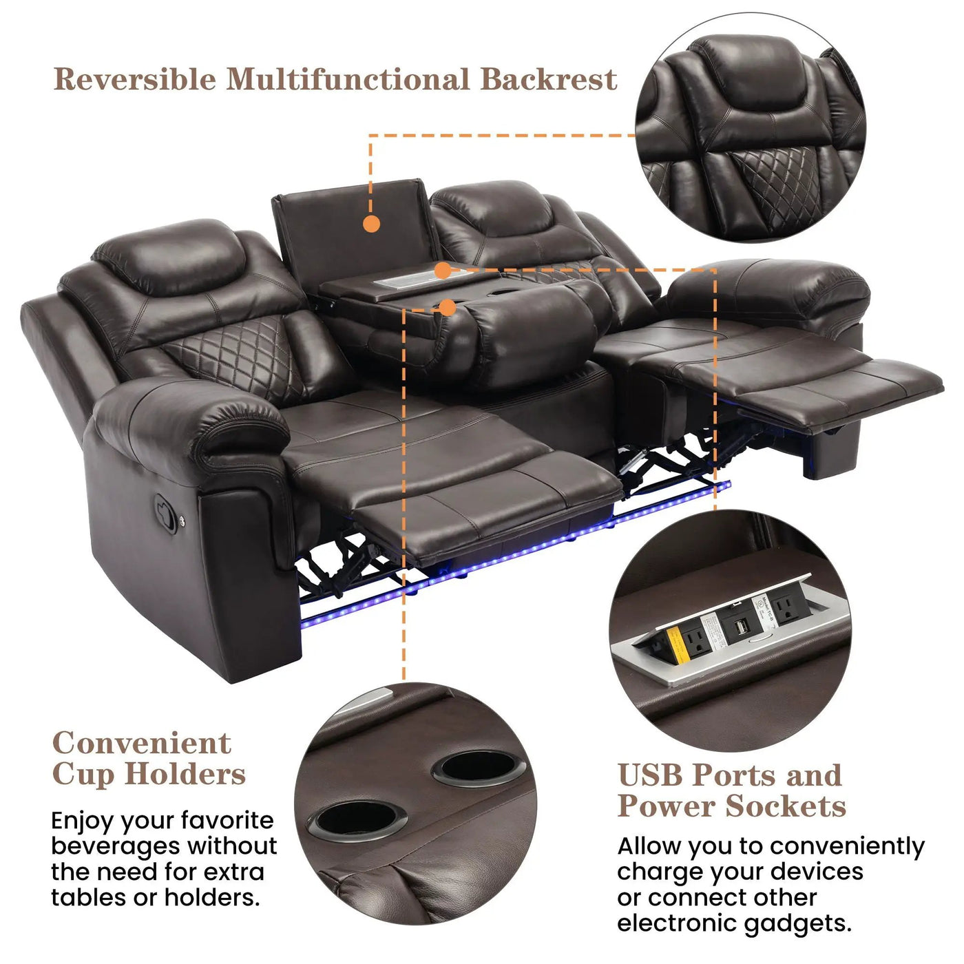 3 Pieces Recliner Sofa Sets Home Theater Seating Manual Recliner Chair With Center Console And LED Light Strip For Living Room by HouseOfZazla