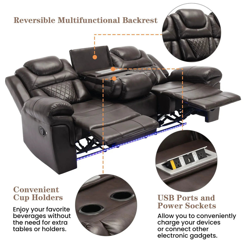 3 Pieces Recliner Sofa Sets Home Theater Seating Manual Recliner Chair & Center Console And LED Light Strip For Living Room - Brown by HouseOfZazla