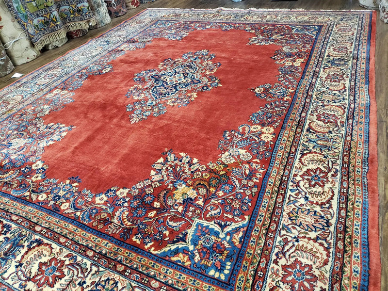 Semi Antique Persian Sarouk Rug 9x12, Semi Open Field with Central Medallion, Hand Knotted Wool, Tomato Red, 9 x 12 Authentic Oriental Carpet by Jewel Rugs