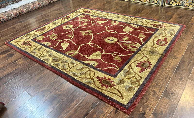Tibetan Aubusson Rug 8x10, Maroon and Beige, Floral, Handmade, Wool, Vintage, Traditional Rug by Jewel Rugs