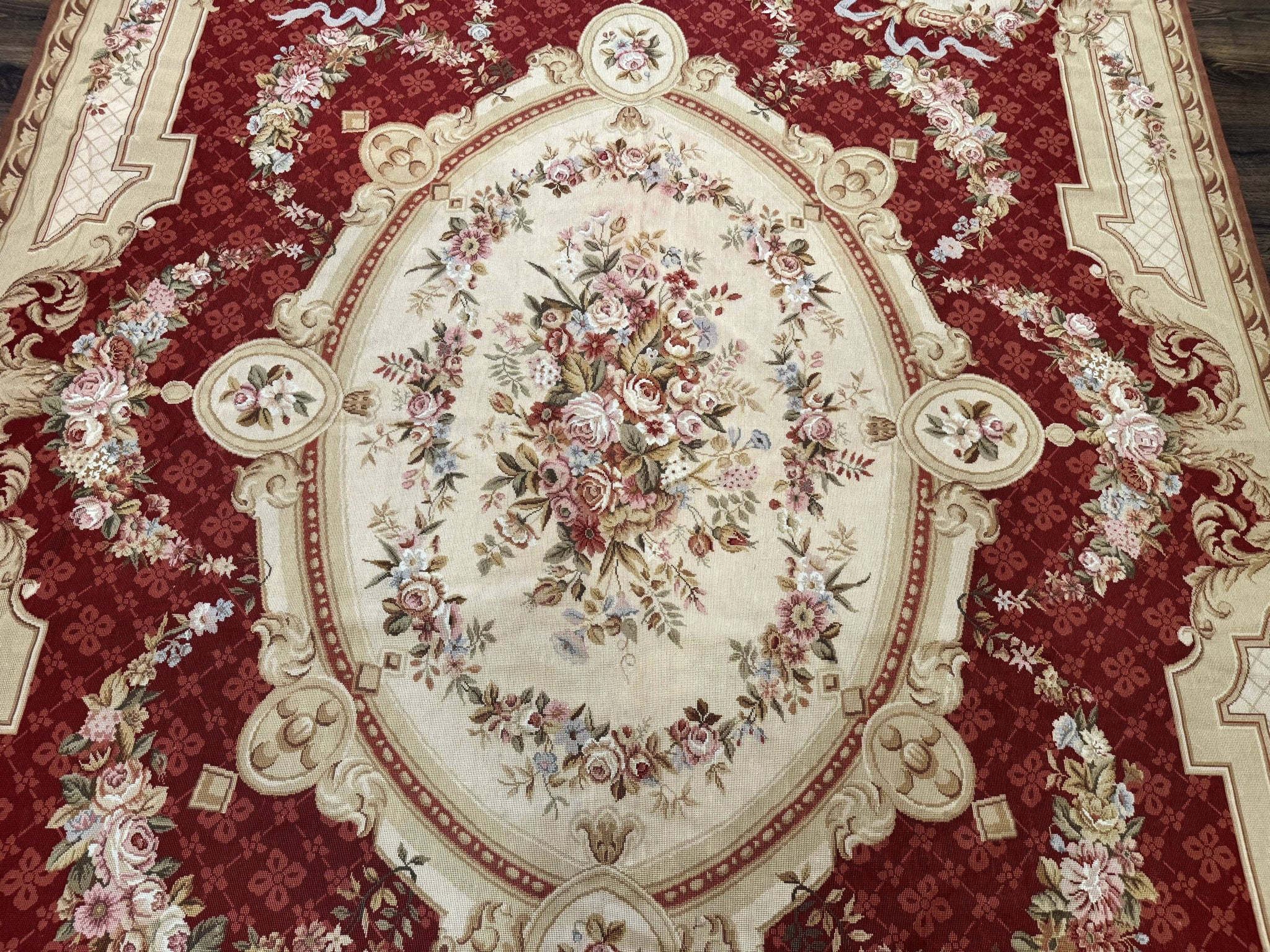 Aubusson Rug 8x11, Needlepoint Carpet, Red Ivory Beige, Vintage, French European Design by Jewel Rugs