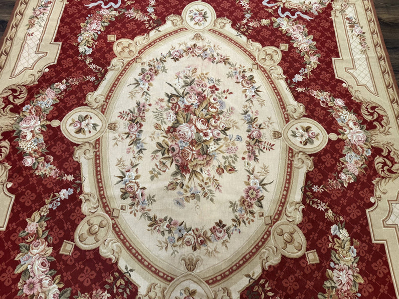 Aubusson Rug 8x11, Needlepoint Carpet, Red Ivory Beige, Vintage, French European Design by Jewel Rugs