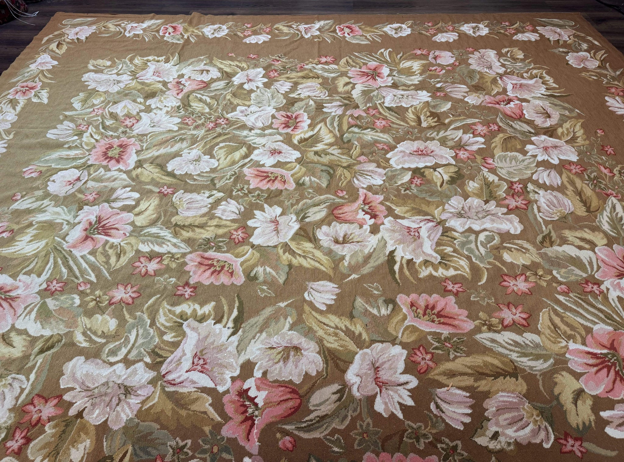 Large Needlepoint Rug 11x14, Vintage Floral Wool Carpet, Caramel by Jewel Rugs
