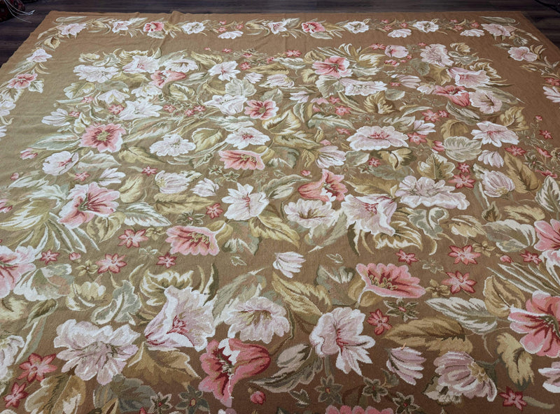 Large Needlepoint Rug 11x14, Vintage Floral Wool Carpet, Caramel by Jewel Rugs